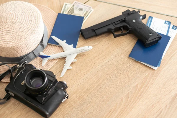 Passport Tickets Toy Plane Gun Travel Ideas — Fotografia de Stock
