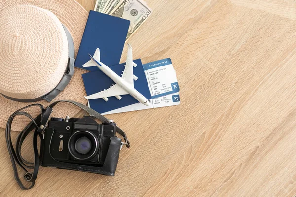 Flat Lay Composition Passport Toy Plane Tickets White Wooden Background — Fotografia de Stock