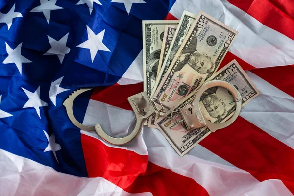 Metal Handcuff American Dollars Cash Flag Usa Illegal Concept Bribing — Foto Stock