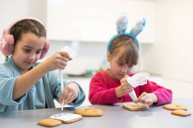Evdeki mutfakta ev yapımı kurabiyeleri dekore eden iki kız kardeş.