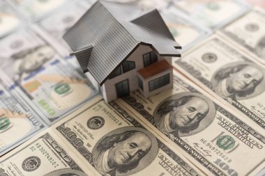 Background from money. Scattered dollars. paper house.