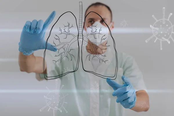 Female Doctor Holding Virtual Lungs Hand Handrawn Human Organ Copy —  Fotos de Stock