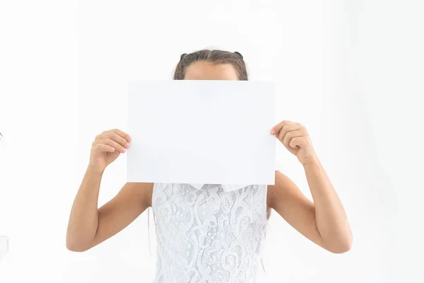 Clean Sheet Paper Childs Hands Covering Her Face White Background — Foto Stock