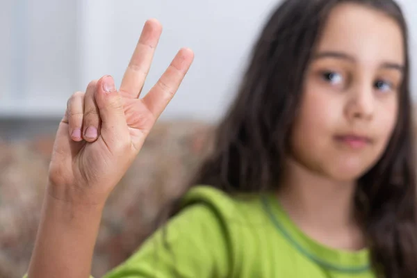 Gesture Happy People Concept Smiling Little Girl Blank Shirt Showing — Stockfoto