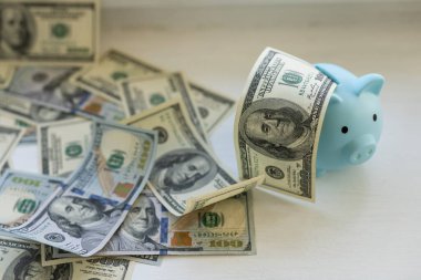iş, finans, yatırım, tasarruf ve yolsuzluk kavramı - dolar nakit para ve kumbara masada yakın.