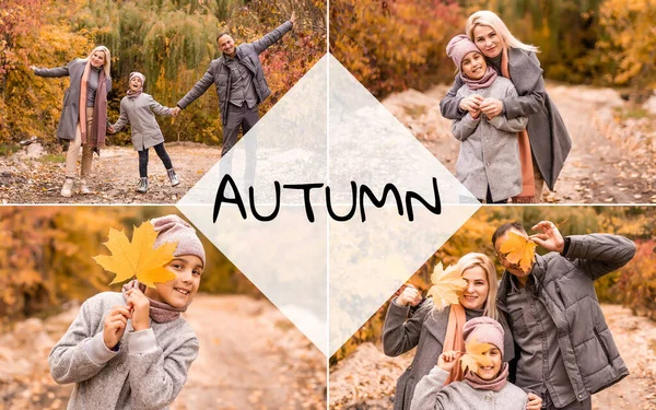 Family Childhood Season People Concept Happy Family Playing Autumn Leaves — Stockfoto