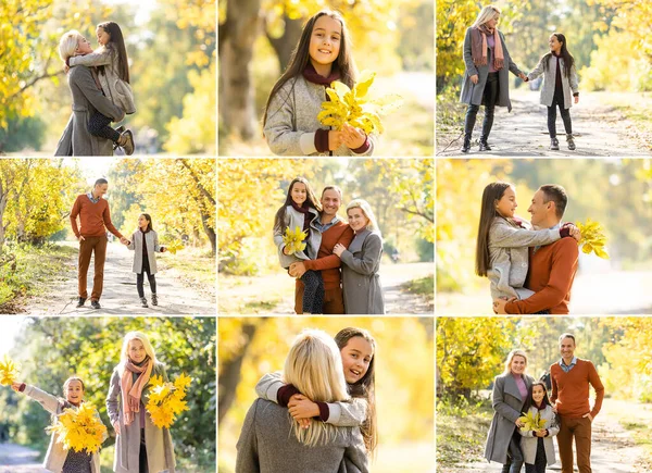 Family Childhood Season People Concept Happy Family Playing Autumn Leaves — Stockfoto