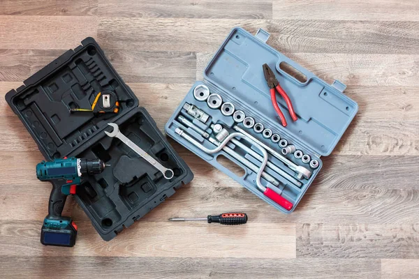 Tool Box Toolset Interior Compartments Keep Wrenches Ring Spanners Hammer — Stock Photo, Image