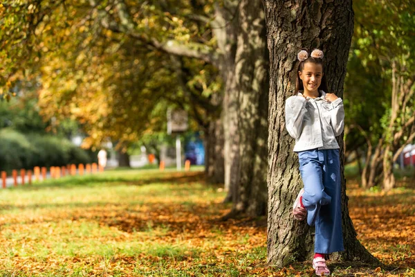 Little Girl Park Autumn Space Text — Fotografia de Stock