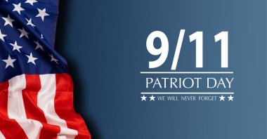 9 11 USA Never Forget September 11, 2001. Patriot Day USA poster or banner. Black background, red, blue colors. High quality photo