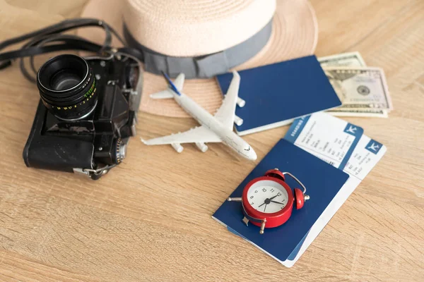 Travel Vacation Concept Trip Accessories Items Airplane Toy Passport Airplane — Fotografia de Stock