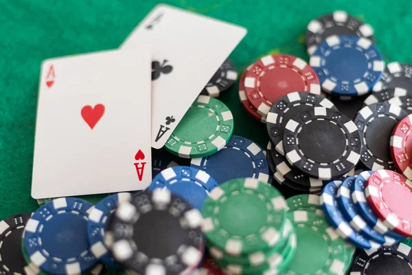 playing chips and playing cards close-up. the view from the top.