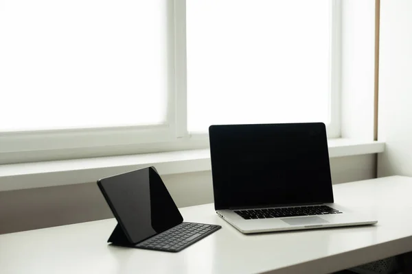 Laptop Tablet White Table — стоковое фото