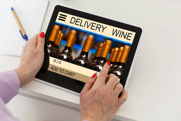 Hands Holding Digital Tablet App Delivery Food Wine Screen — Foto de Stock