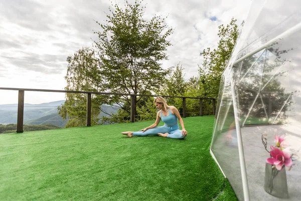 Woman Doing Exercises Terrace Transparent Bubble Dome — Foto Stock