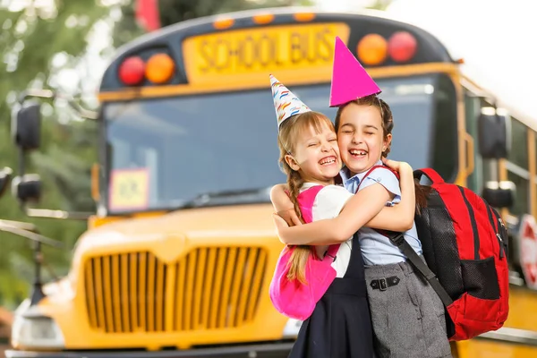 Schoolchildren Uniform Standing Front School Posing Camera — 图库照片