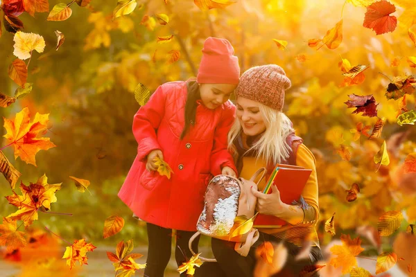 Happy Family Mother Child Little Daughter Play Cuddling Autumn Walk — Zdjęcie stockowe