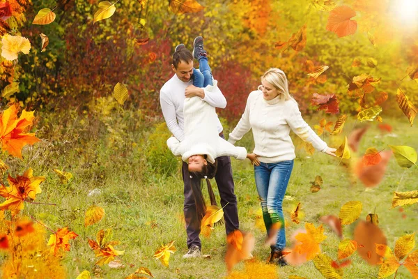 Family Childhood Season People Concept Happy Family Playing Autumn Leaves — Stok fotoğraf