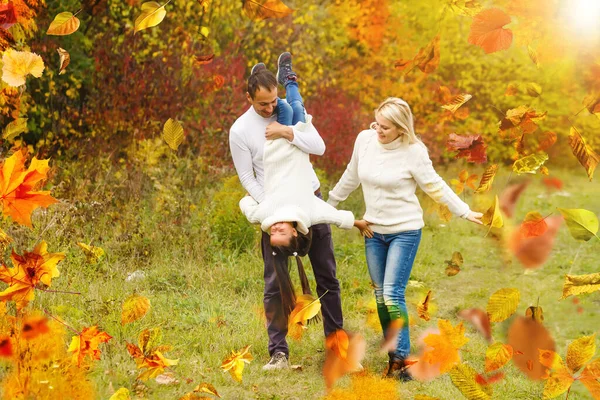 Family Childhood Season People Concept Happy Family Playing Autumn Leaves — Fotografia de Stock