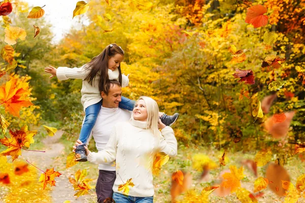 Family Childhood Season People Concept Happy Family Playing Autumn Leaves — ストック写真