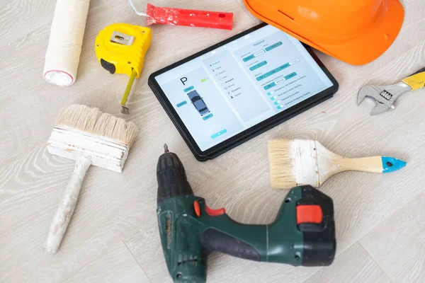 Different Equipment Tools Builder Tablet Wooden Texture — Zdjęcie stockowe