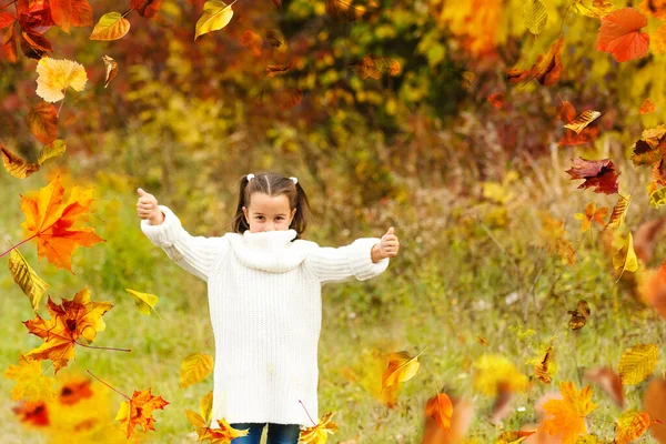 Cute Little Girl Holds Orange Maple Leaf Face Pretty Blond — Zdjęcie stockowe