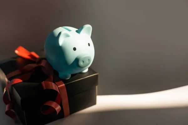 Piggy Bank Gift Box Worried Money —  Fotos de Stock