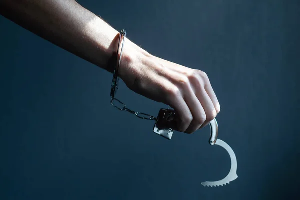 Black Handcuffs Wooden Background Criminal Justice — Stock Photo, Image