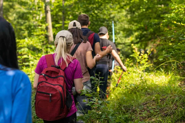 Group of hikers with backpacks climbing up mountains.