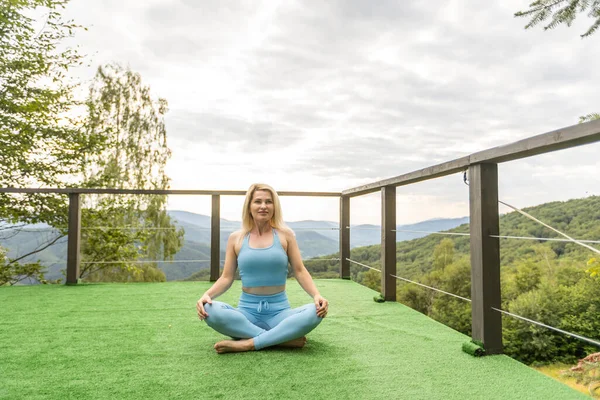 Nice Calm Female Doing Yoga Exercises Terrace House Meditating Peaceful — Foto Stock