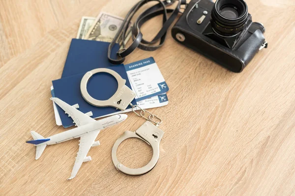 Passport Tickets Toy Plane Handcuffs Travel — Fotografia de Stock