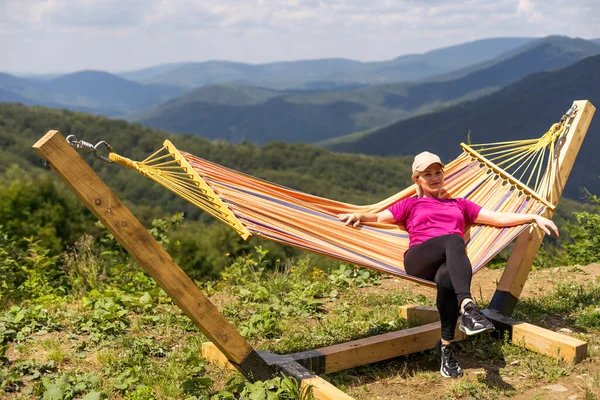 Tired Woman Resting Climbing Hammock Sunset — стоковое фото