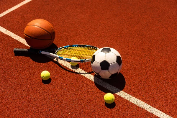 Group Sports Equipment Black Background Including Tennis Basketball Soccer Boxing — Stockfoto