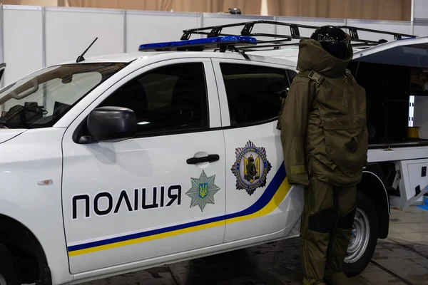 Police Car Lights Close Policemen Background — Stock Fotó