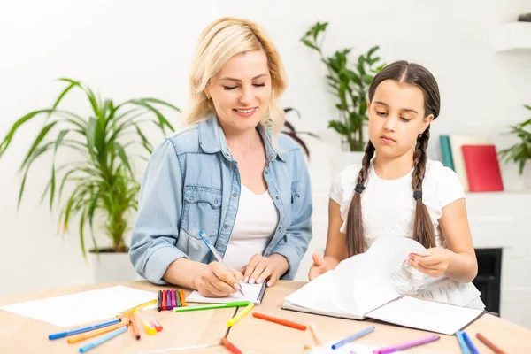liseli kız ve anne evde ödev yapıyorlar..