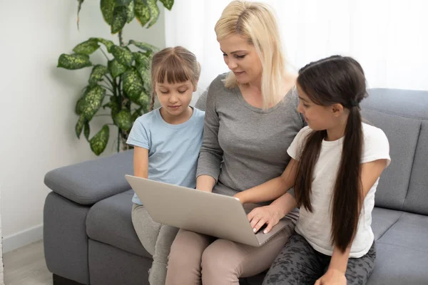 Homeschool Young Two Little Daughters Learning Internet Online Homework Using — Stock Photo, Image