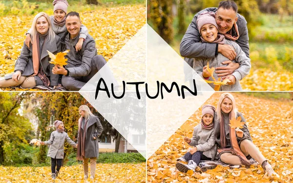 Collage with several photos of family outdoor at fall park. Happy and beautifulfamily at autumn season. Copy space. High quality photo