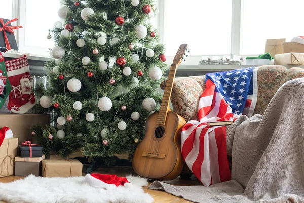 Bandeira Americana Fundo Árvore Natal — Fotografia de Stock