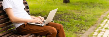 Parkta dizüstü bilgisayarıyla çalışan bir adam..