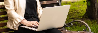 Şehir parkında ahşap bir bankta otururken bilgisayarını kullanan çekici genç bir iş kadını.