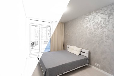 Modern mobilyalarla mutfak dekorasyonu. Fotoğraf ve çizimin kombinasyonu.