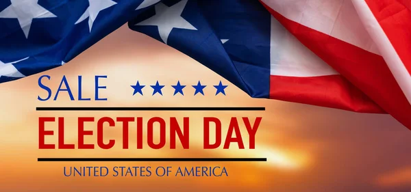 National holidays of United States of America. election day sale with flag of the USA on blue background. Concept of holiday shopping