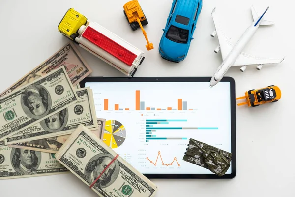 Different Types Toy Cars Tablet Money — Stockfoto