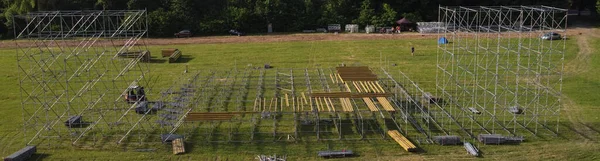 installation of a stage for a concert in the park. Aerial view.