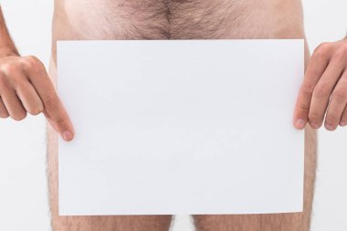 Naked guy with poster template, man holding paper.