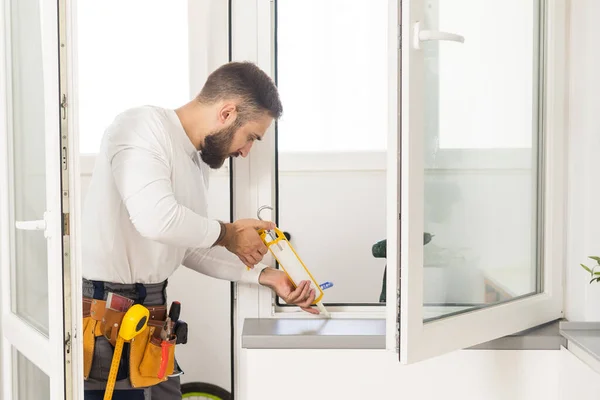 Handsome Young Man Installing Bay Window New House Construction Site — Stock Photo, Image