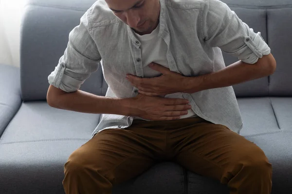 Man Having Stomach Ache Problems Health Care Concepts — Stok fotoğraf