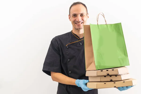 Delivery Man Boxes Pizza Chef — Stok Foto