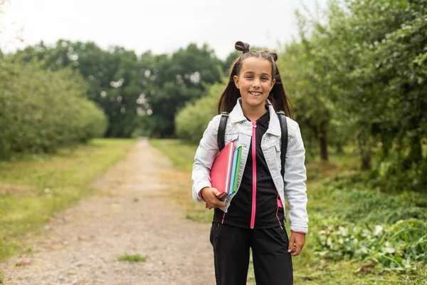 Beautiful Little Girl Backpack Walking Ready Back School Fall Outdoors — Fotografia de Stock