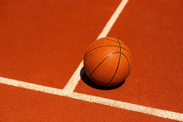 Top View Orange Ball Basketball Lying Rubber Sport Court Sport — Foto Stock